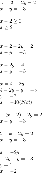 |x-2|-2y=2\\&#10;x-y=-3\\&#10;\\&#10;x-2 \geq 0\\&#10;x \geq 2\\\\&#10;\\&#10;x-2-2y=2\\&#10; x-y=-3&#10;\\\\&#10;x-2y=4\\&#10;x-y=-3\\&#10;\\&#10;x=4+2y\\&#10;4+2y-y=-3\\&#10;y=-7\\&#10;x=-10(Net)\\&#10;\\&#10;-(x-2)-2y=2\\&#10;x-y=-3\\&#10;\\&#10;2-x-2y=2\\&#10;x-y=-3\\&#10;\\&#10;x=-2y\\&#10;-2y-y=-3\\&#10;y=1\\&#10;x=-2\\&#10;