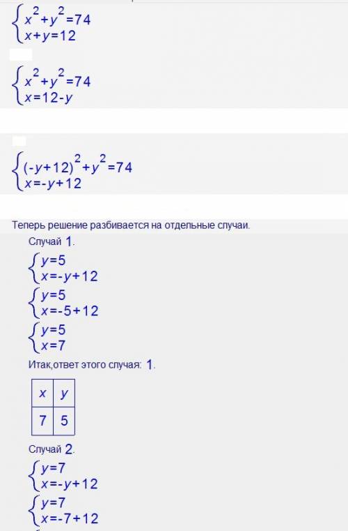 Решите системы: ^ x^2+y^2=74 x+y=12 еще x^2+y^2=10 x+y=4 с решением, . нужно