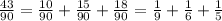 \frac{43}{90}=\frac{10}{90}+\frac{15}{90}+\frac{18}{90}=\frac{1}{9}+\frac{1}{6}+\frac{1}{5}