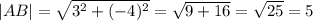 |AB|=\sqrt{3^{2}+(-4)^{2}}=\sqrt{9+16}=\sqrt{25}=5