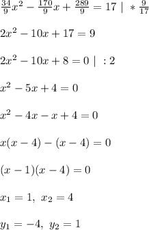 \frac{34}{9}x^2 - \frac{170}{9}x + \frac{289}{9} = 17 \ | \ * \frac{9}{17}\\\\&#10;2x^2 - 10x + 17 = 9\\\\&#10;2x^2 - 10x + 8 = 0 \ | \ : 2\\\\&#10;x^2 - 5x + 4 = 0\\\\&#10;x^2 - 4x - x + 4 = 0\\\\&#10;x(x - 4) - (x - 4) = 0\\\\&#10;(x - 1)(x - 4) = 0\\\\&#10;x_1 = 1, \ x_2 = 4\\\\&#10;y_1 = -4, \ y_2 = 1&#10;