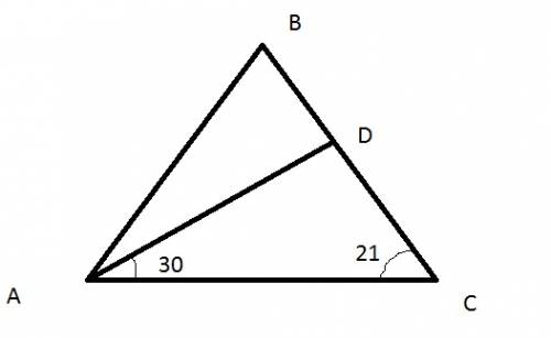 Втреугольнике авс ад бесектриса угол с равен 21 угол сад равен 30 найти угол в