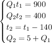 \begin{cases} Q_1t_1=900\\Q_2t_2=400\\t_2=t_1-140\\Q_2=5+Q_1 \end{cases}