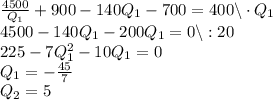 \frac{4500}{Q_1}+900-140Q_1-700=400 \backslash \cdot Q_1 \\ 4500-140Q_1-200Q_1=0 \backslash : 20 \\ 225-7Q_1^2-10Q_1=0 \\ Q_1=-\frac{45}{7} \\ Q_2=5 