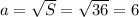 a=\sqrt{S}=\sqrt{36}= 6