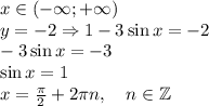 x\in(-\infty;+\infty)\\ y=-2\Rightarrow1-3\sin x=-2\\ -3\sin x=-3\\ \sin x=1\\ x=\frac{\pi}{2}+2\pi n,\quad n\in \mathbb{Z}