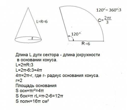 Разверткой боковой поверхности конуса является круговой сектор радиуса 6 см и дугой 120 градусов.най