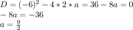 D=(-6)^2-4*2*a=36-8a=0\\&#10;-8a=-36\\&#10;a=\frac92