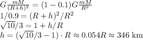 G\frac{mM}{(R+h)^2} = (1-0.1)G\frac{mM}{R^2}\\&#10;1/0.9 = (R+h)^2/R^2\\&#10;\sqrt{10}/3 = 1+h/R\\&#10;h = (\sqrt{10}/3-1)\cdot R \approx 0.054 R \approx 346\text{ km}