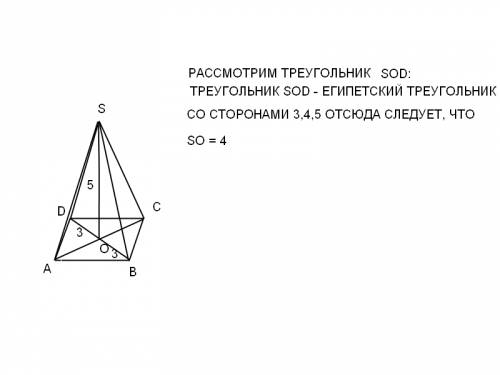 Вправильной четырехугольной пирамиде sabbcd точка о основания, s -вершина ,sd=5 , bd=6 найти длину о
