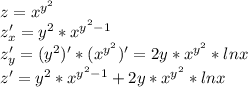 z=x^{y^2}\\ z'_x=y^2*x^{y^2-1}\\ z'_y=(y^2)'*(x^{y^2})'=2y*x^{y^2}*ln{x}\\ z'= y^2*x^{y^2-1} + 2y*x^{y^2}*ln{x}