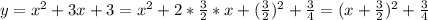 y = x^2+3x+3 = x^2+2* \frac{3}{2}*x+ (\frac{3}{2})^2+ \frac{3}{4} =(x+ \frac{3}{2} )^2+ \frac{3}{4}