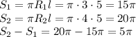 S_1=\pi R_1l=\pi\cdot3\cdot5=15\pi\\S_2=\pi R_2l=\pi\cdot4\cdot5=20\pi\\S_2-S_1=20\pi-15\pi=5\pi