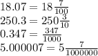 18.07=18\frac{7}{100}\\250.3=250\frac{3}{10}\\0.347=\frac{347}{1000}\\5.000007=5\frac{7}{1000000}