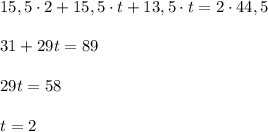 15,5\cdot 2+15,5\cdot t+13,5\cdot t=2\cdot 44,5\\\\31+29t=89\\\\29t=58\\\\t=2