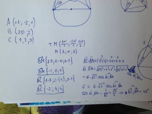 Втреугольнике с вершинами в точках а(3; -2; 1), в(3; 0; 2) и с(1; 2; 5) уголобразованный медианой вм