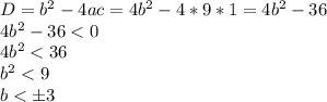 D=b^2-4ac=4b^2-4*9*1=4b^2-36\\4b^2-36<0\\4b^2<36\\b^2<9\\b<б3