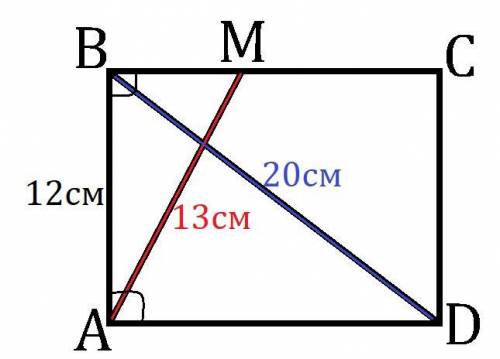 На стороне bc прямоугольника abcd взята точка m так что am=13cm,ab=12cm,bd=20cm.найдите mc и площадь