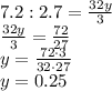 7.2:2.7= \frac{32y}{3} &#10;\\\&#10; \frac{32y}{3} = \frac{72}{27} &#10;\\\&#10;y= \frac{72\cdot3}{32\cdot27} &#10;\\\&#10;y=0.25