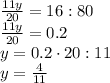 \frac{11y}{20} =16:80&#10;\\\&#10; \frac{11y}{20} =0.2&#10;\\\&#10;y=0.2\cdot20:11&#10;\\\&#10;y= \frac{4}{11}