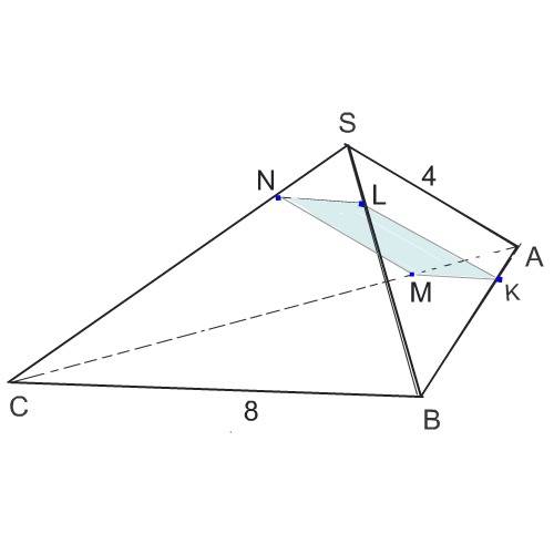 Втетраэдре sabc на ребре ab выбрана точка k так, что ak: kb = 1: 3. через точку k параллельно прямым