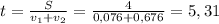 t= \frac{S}{v_1+v_2}= \frac{4}{0,076+0,676}=5,31