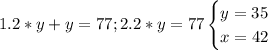 1.2* y+y = 77;2.2*y=77 \begin{cases} y=35\\x=42\\\end{cases}