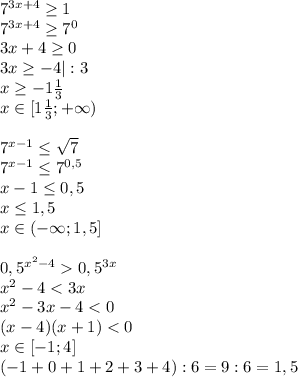 7^{3x+4} \geq 1\\7^{3x+4} \geq 7^0\\3x+4 \geq 0\\3x \geq -4|:3\\x \geq -1 \frac{1}{3}\\x\in[1 \frac{1}{3};+\infty)\\\\7^{x-1} \leq \sqrt{7}\\7^{x-1} \leq 7^{0,5}\\x-1 \leq 0,5\\x \leq 1,5\\x\in(-\infty;1,5]\\\\0,5^{x^2-4}0,5^{3x}\\x^2-4<3x\\ x^2-3x-4<0\\(x-4)(x+1)<0 \\ x\in[-1;4]\\(-1+0+1+2+3+4):6=9:6=1,5