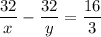 \dfrac{32}{x}-\dfrac{32}{y}=\dfrac{16}{3}