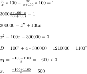 \frac{30}{x}*100-\frac{30}{x+100}*100=1\\\\3000\frac{x+100-x}{x(x+100)}=1\\\\300000=x^{2}+100x\\\\x^{2}+100x-300000=0\\\\D=100^2+4*300000=1210000=1100^2\\\\ x_1=\frac{-100-1100}{2}=-600<0\\\\x_2=\frac{-100+1100}{2}=500