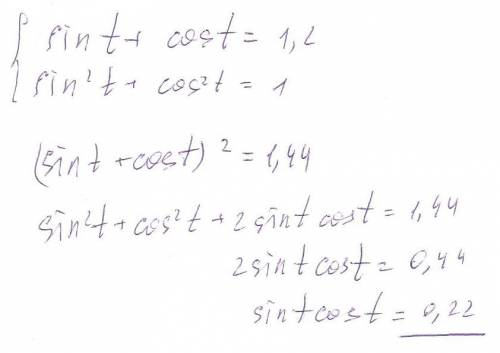 Известно,что sin t+cos t=1,2.найдите значение выражения 4 sin t*cos t.