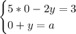 \begin{cases} 5*0-2y=3\\0+y=a\end{cases}