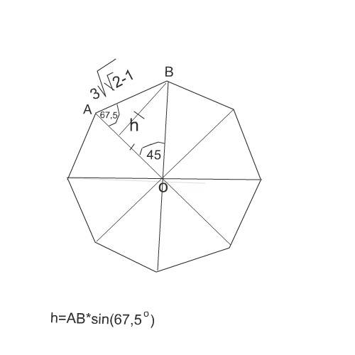 Найдите площадь правильного восьмиугольника с стороной а=3(корень под корнем корень из 2 -1) сантиме