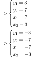 \\ =\begin{cases} y_1=3\\y_2=7\\x_1=7\\x_2=3 \end{cases} \\ \\=\begin{cases} y_1=-3\\y_2=-7\\x_1=-7\\x_2=-3 \end{cases}