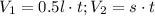 V_{1}=0.5l\cdot t; V_{2}=s\cdot t