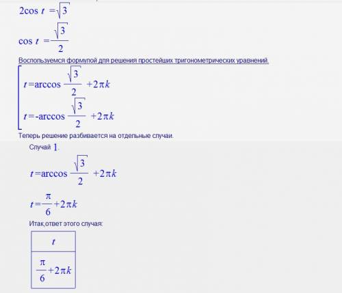 2cos t = корень из 3 решить уравнение