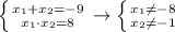 \left \{ {{x_1+x_2=-9} \atop {x_1\cdot x_2=8}} \right. \to \left \{ {{x_1\neq-8} \atop {x_2\neq-1}} \right.