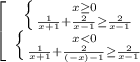 \left[\begin{array}{ccc} \left \{ {{x \geq 0} \atop {\frac{1}{x+1} + \frac{2}{x-1} \geq \frac{2}{x-1}}} \right. \\ \left \{ {{x<0} \atop {\frac{1}{x+1} + \frac{2}{(-x)-1} \geq \frac{2}{x-1}}} \right. \end{array}\right