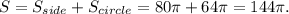 S=S_{side}+S_{circle}=80\pi+64\pi=144\pi.