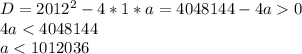 D=2012^{2}-4*1*a=4048144-4a0 \\ 4a<4048144 \\ a<1012036