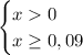 \begin{cases} x0\\x\geq0,09 \end{cases}