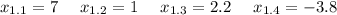 x_{1.1}=7 \ \ \ \ x_{1.2}=1 \ \ \ \ x_{1.3}=2.2 \ \ \ \ x_{1.4}=-3.8