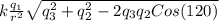 k\frac{q_{1}}{r^2}\sqrt{q_{3}^2+q_{2}^2-2q_{3}q_{2}Cos(120)}