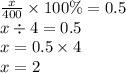 \frac{x}{400} \times 100\% = 0.5 \\ x \div 4 = 0.5 \\ x = 0.5 \times 4 \\ x = 2 \\