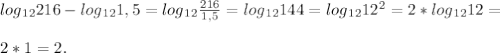 log{_{12}}216 - log{_{12}}1,5=log{_{12}} \frac{216}{1,5} = log{_{12}}144=log{_{12}}12^{2} =2*log{_{12}} 12=\\\\2*1=2.