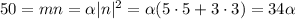 50 =mn = \alpha |n|^2 = \alpha (5\cdot5 + 3\cdot 3) = 34 \alpha