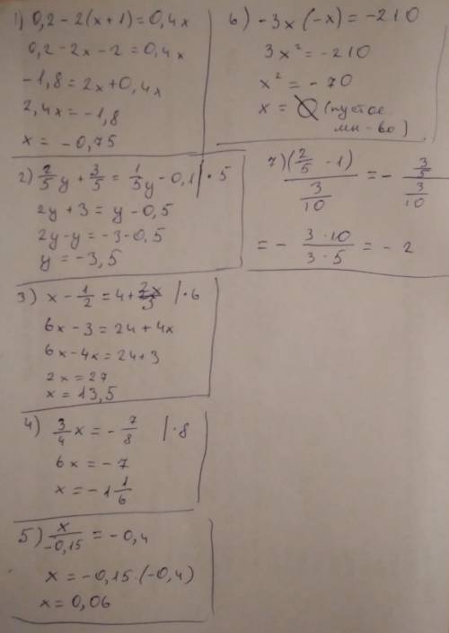 1)0.2-2(х+1)=0.4х 2)2/5у+3/5=1/5у-0.1 3)х-1/2=4+2х/3 4)3/4х=-7/8 5)х: (-0.15)=-0.4 6)-3×(-х)=-210 7)