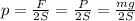p=\frac{F}{2S}=\frac {P}{2S}=\frac {mg}{2S}