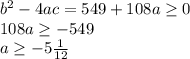 b^{2} -4ac=549+108a\geq 0\\108a\geq -549\\a\geq -5\frac{1}{12}