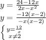 y=\frac{24-12x}{2x-x^2}\\y=\frac{-12(x-2)}{-x(x-2)}\\\left \{ {{y=\frac{12}{x} } \atop {x\neq 2}} \right.